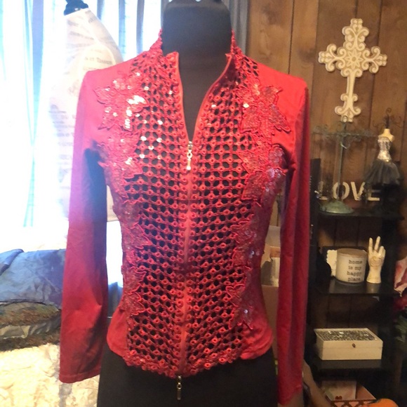 Beautiful Red Sequin Women’s Long Sleeved Jacket Made in France - Picture 6 of 15